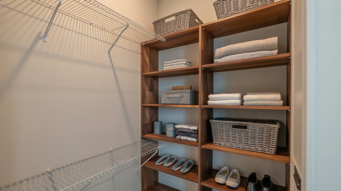 1. Replace Wire Shelving with Custom Wood Shelves